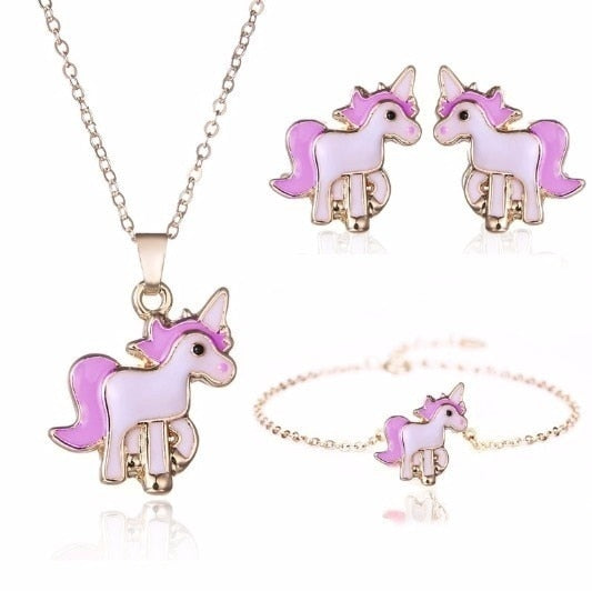 Cartoon Unicorn Necklace Earrings 4 in 1 Jewelry Set
