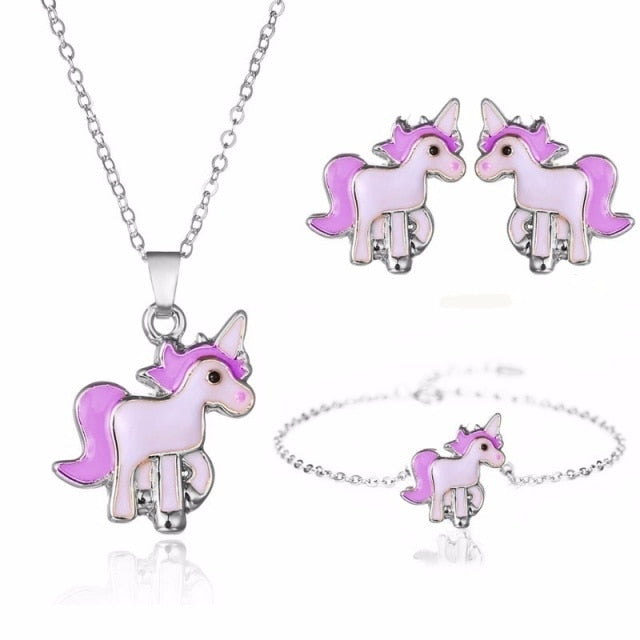 Cartoon Unicorn Necklace Earrings 4 in 1 Jewelry Set