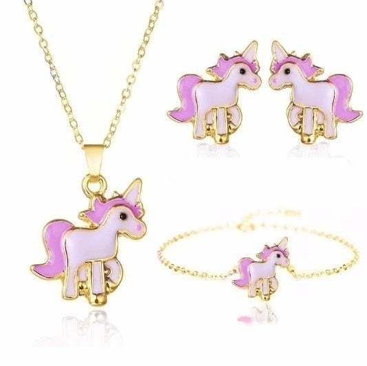 Cartoon Unicorn Necklace Earrings 4 in 1 Jewelry Set