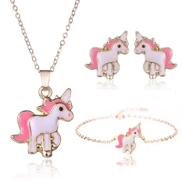 Cartoon Unicorn Necklace Earrings 4 in 1 Jewelry Set