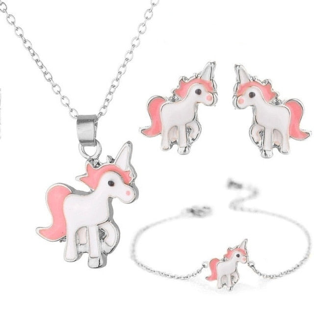 Cartoon Unicorn Necklace Earrings 4 in 1 Jewelry Set