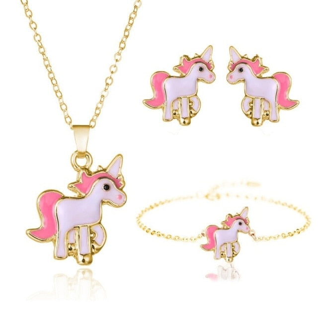 Cartoon Unicorn Necklace Earrings 4 in 1 Jewelry Set