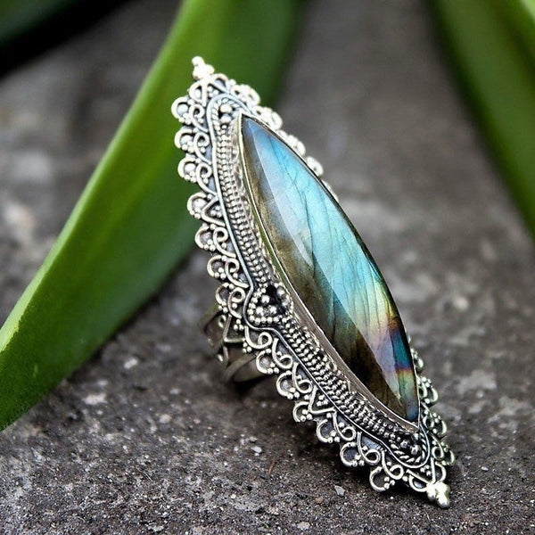 Antique Vintage  Bohemian Luxury Inlaid Big Rainbow Stone Ring