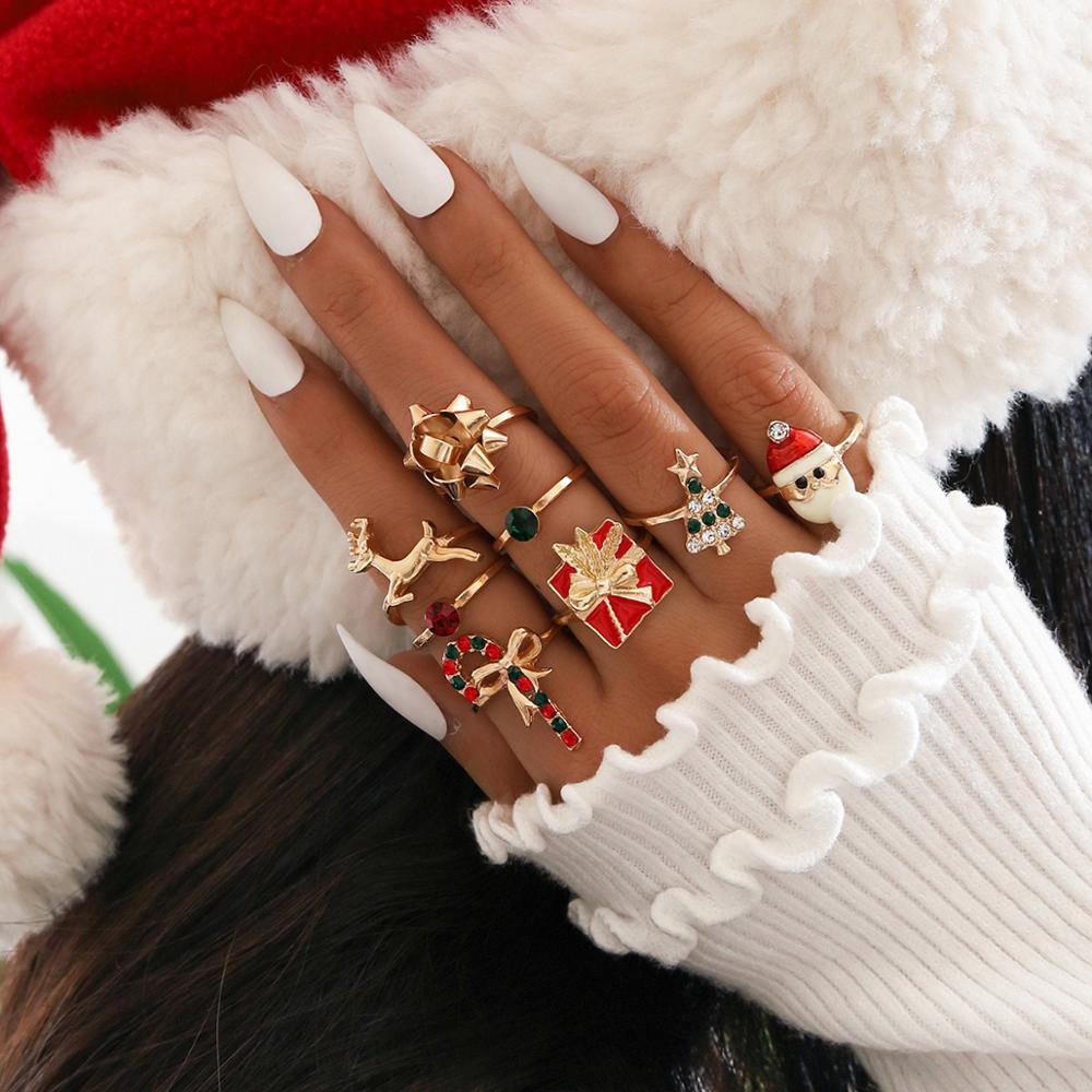Children Christmas Tree  Snowman Elk Candy Cane Rings Set