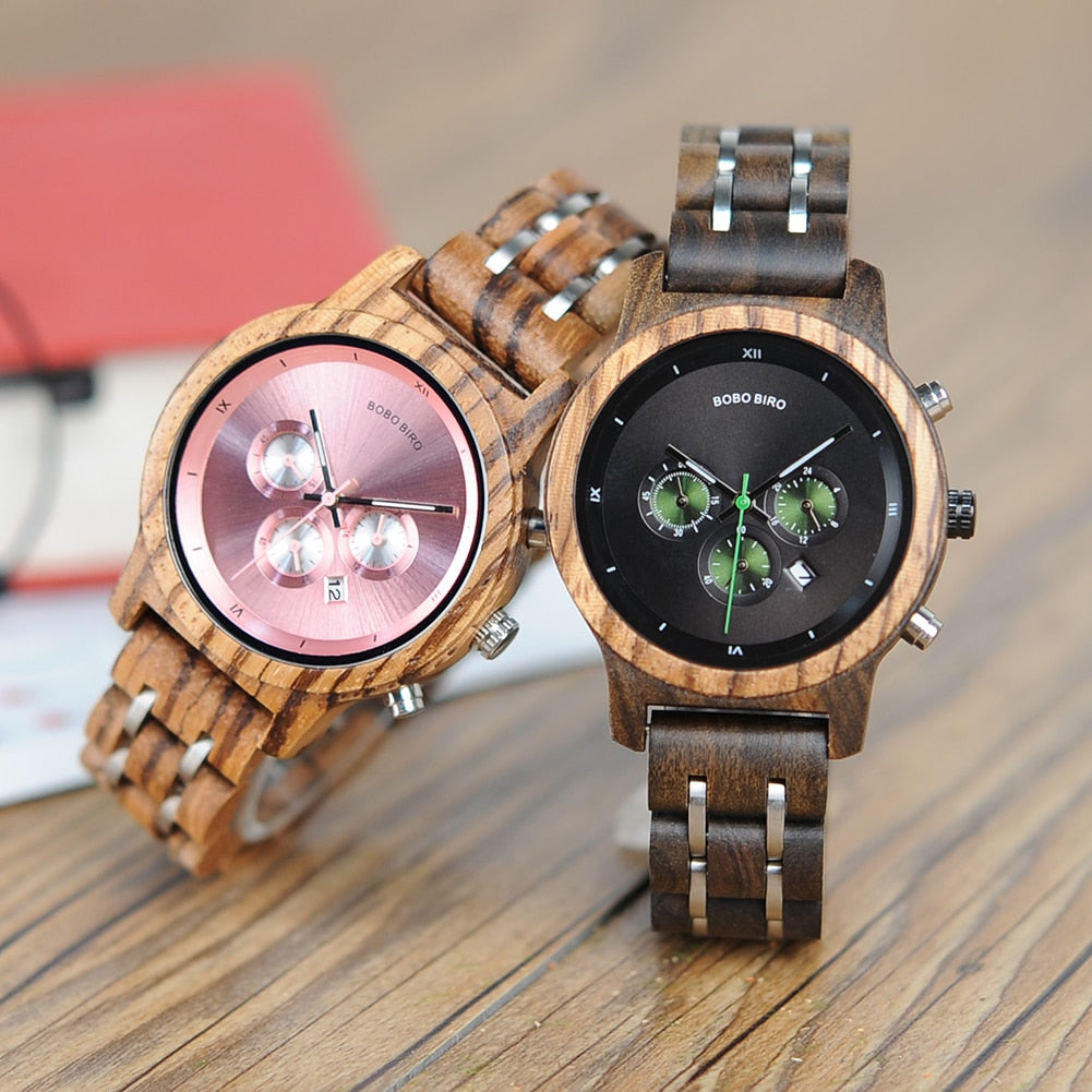 Chronograph Quartz Watch His and Hers Wooden Watches
