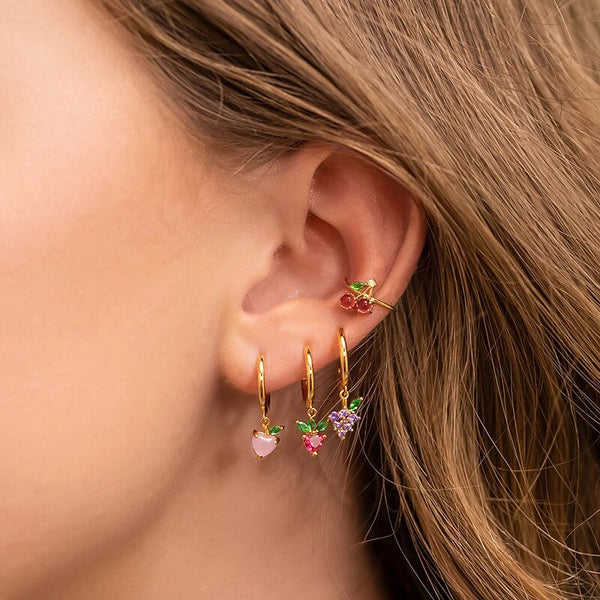 Pendientes tipo brazalete con dije de fruta de melocotón de cristal