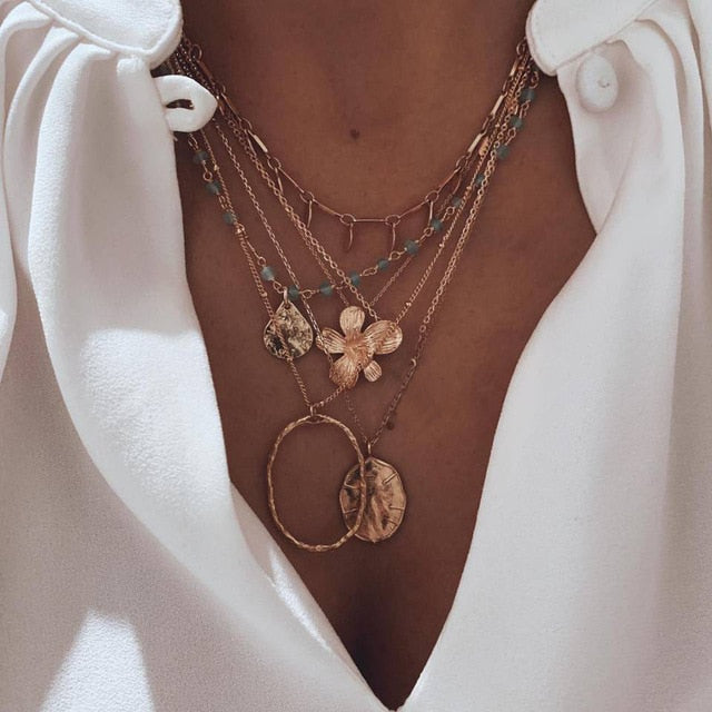 Boho Multi-Element Flowers Beaded Choker Gold Necklace