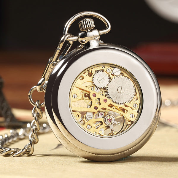 Reloj de bolsillo mecánico de lujo para hombre, de cuerda manual y esqueleto plateado.