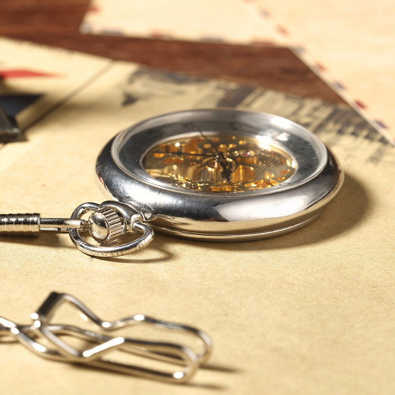 Luxury Silver Skeleton Mechacnical Hand-winding Mens Pocket Watch