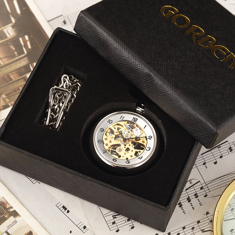 Luxury Silver Skeleton Mechacnical Hand-winding Mens Pocket Watch