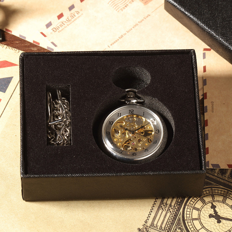 Luxury Silver Skeleton Mechacnical Hand-winding Mens Pocket Watch
