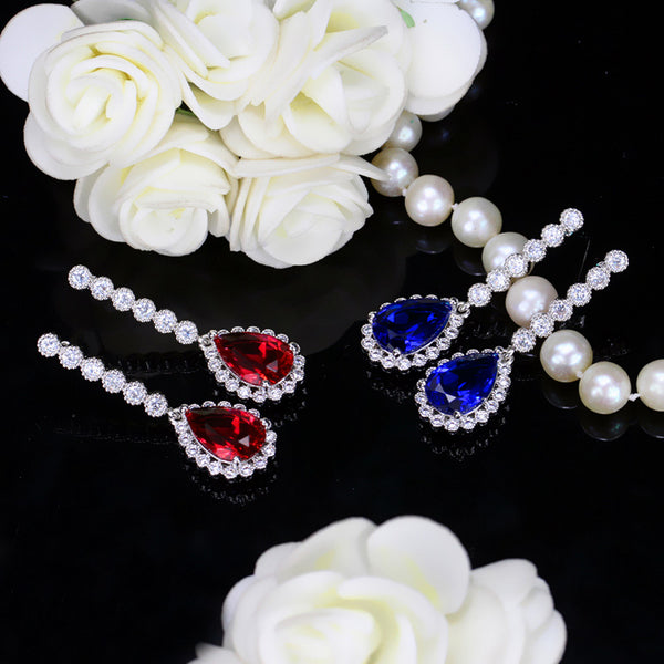 Classic Big Water Drop CZ Crystal Silver Jewelry Women Long Royal Blue Sapphire Earrings