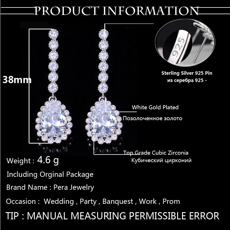 Classic Big Water Drop CZ Crystal Silver Jewelry Women Long Royal Blue Sapphire Earrings