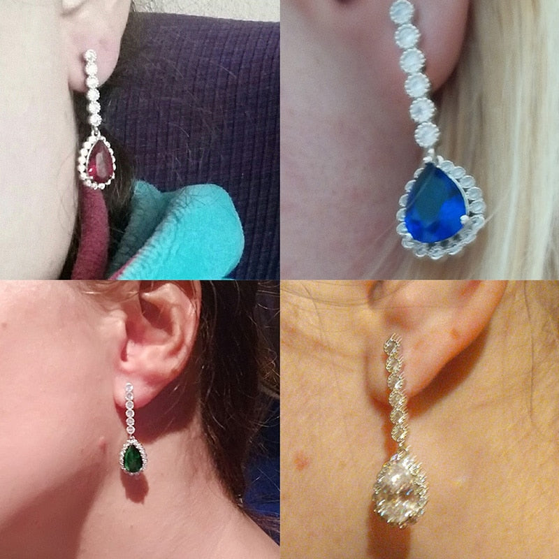 Classic Big Water Drop CZ Crystal Silver Jewelry Women Long Royal Blue Sapphire Earrings