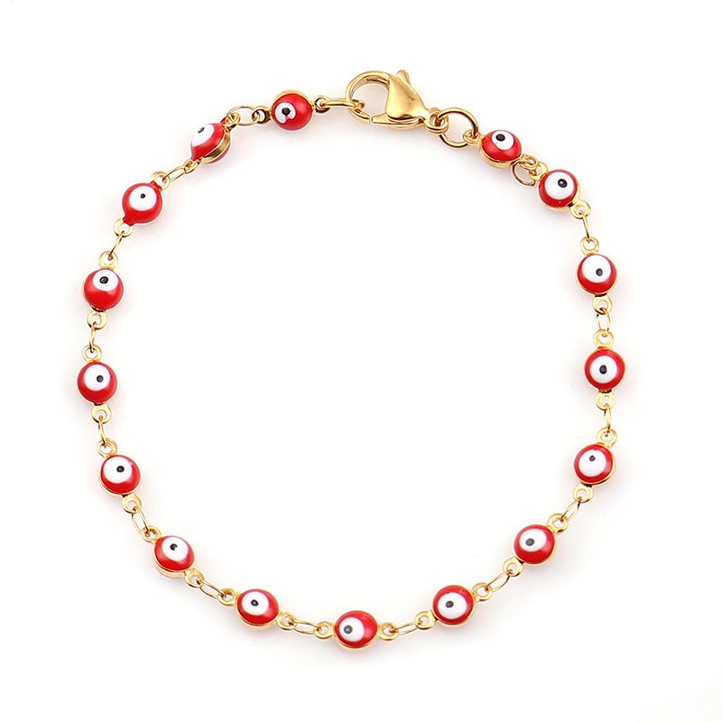 Gold Blue Red Evil Eye Enamel Bead Bracelet For Women