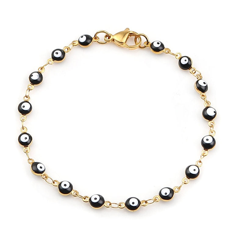 Gold Blue Red Evil Eye Enamel Bead Bracelet For Women