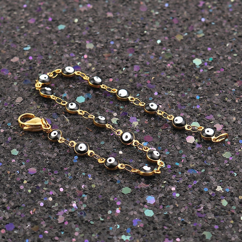 Gold Blue Red Evil Eye Enamel Bead Bracelet For Women