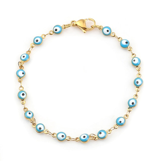 Gold Blue Red Evil Eye Enamel Bead Bracelet For Women