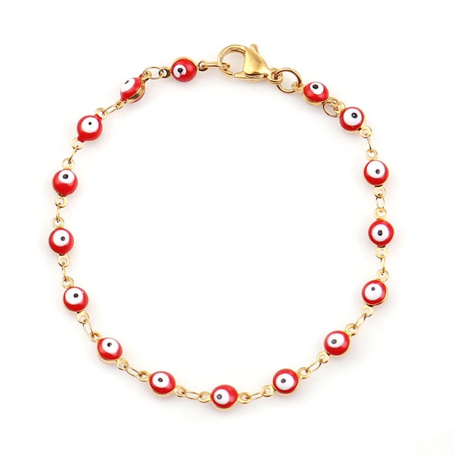 Gold Blue Red Evil Eye Enamel Bead Bracelet For Women