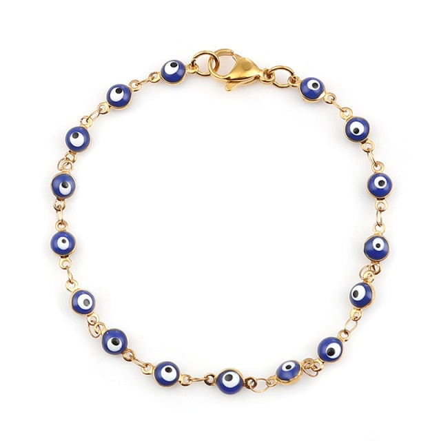 Gold Blue Red Evil Eye Enamel Bead Bracelet For Women