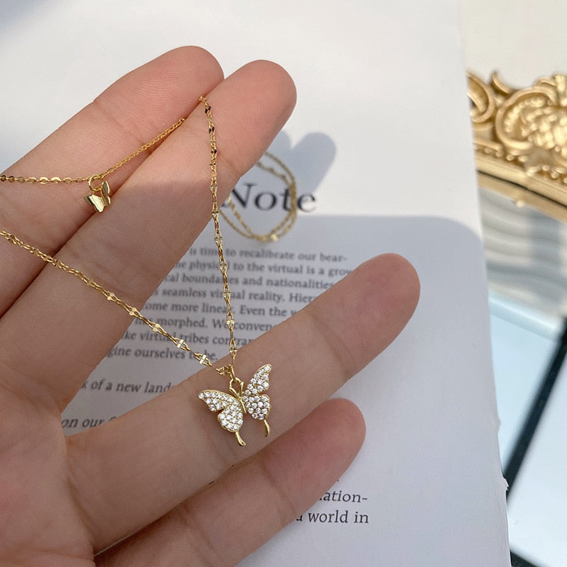 Silver Color  Flash Crystal Butterfly Double Necklace