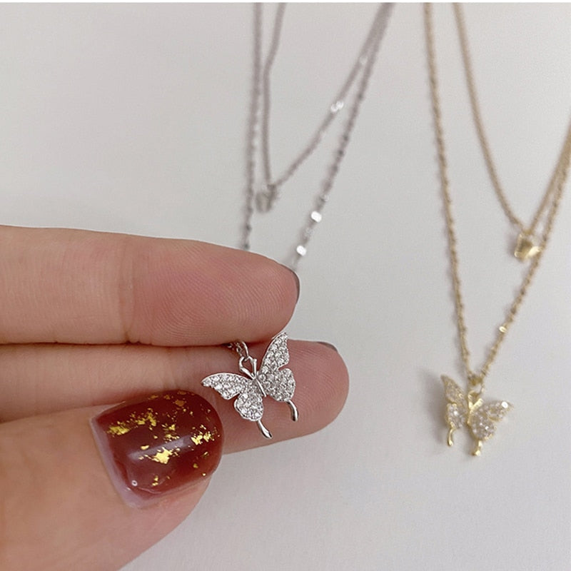 Silver Color  Flash Crystal Butterfly Double Necklace