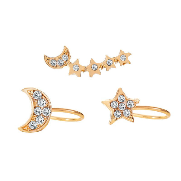 Pendientes de clip de cristal para mujer, conjunto de estrella y luna, pendientes tipo puño