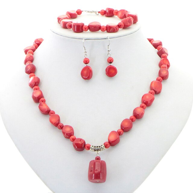 Natural Stone Red Coral Irregular Shape Isolation Round Beads   Jewelry Set