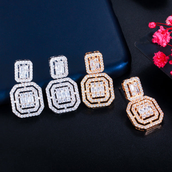Classic Dangle Bling Square CZ Crystal Topaz 925 Silver Pin Drop Earrings