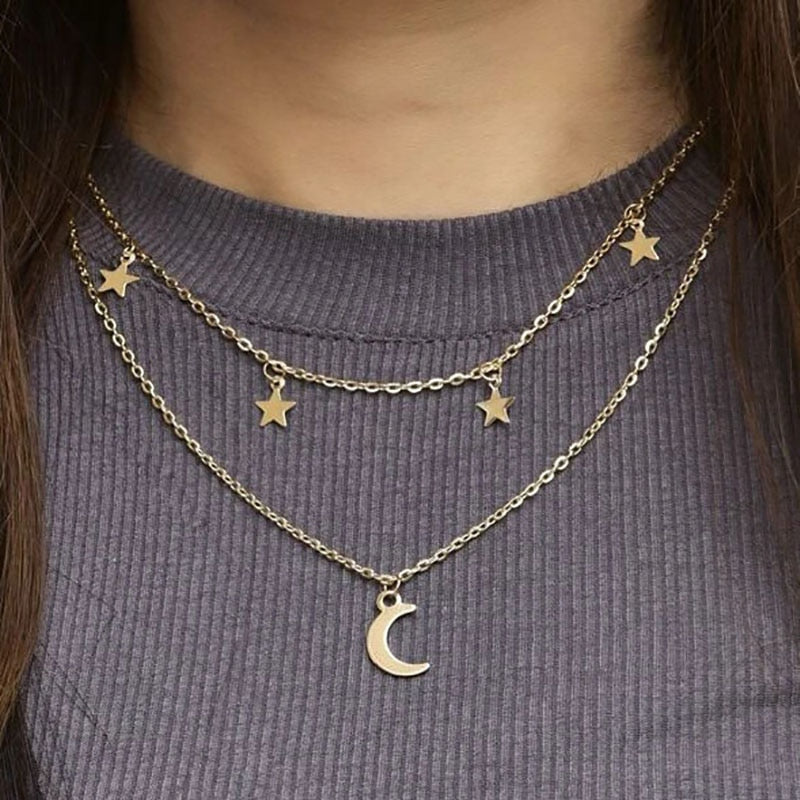 Boho Simple Moon Star Heart Pendant Necklace