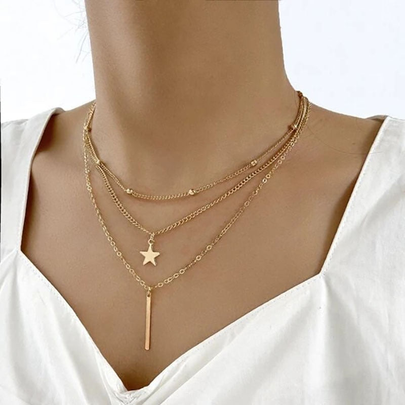 Boho Simple Moon Star Heart Pendant Necklace
