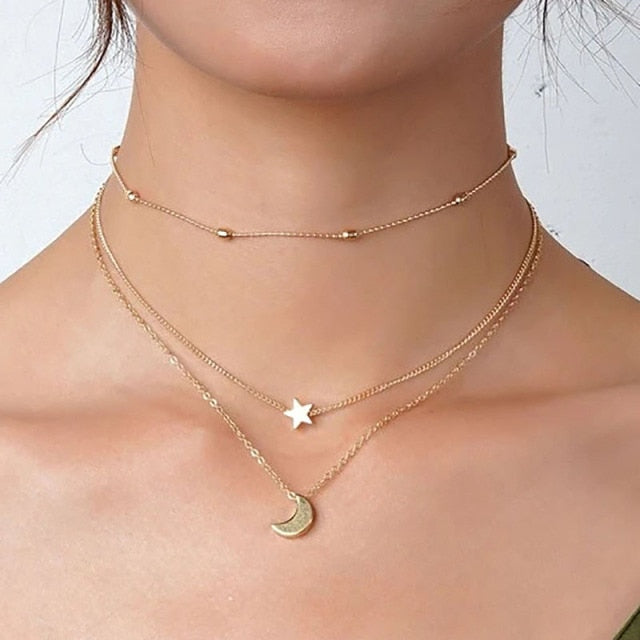 Boho Simple Moon Star Heart Pendant Necklace