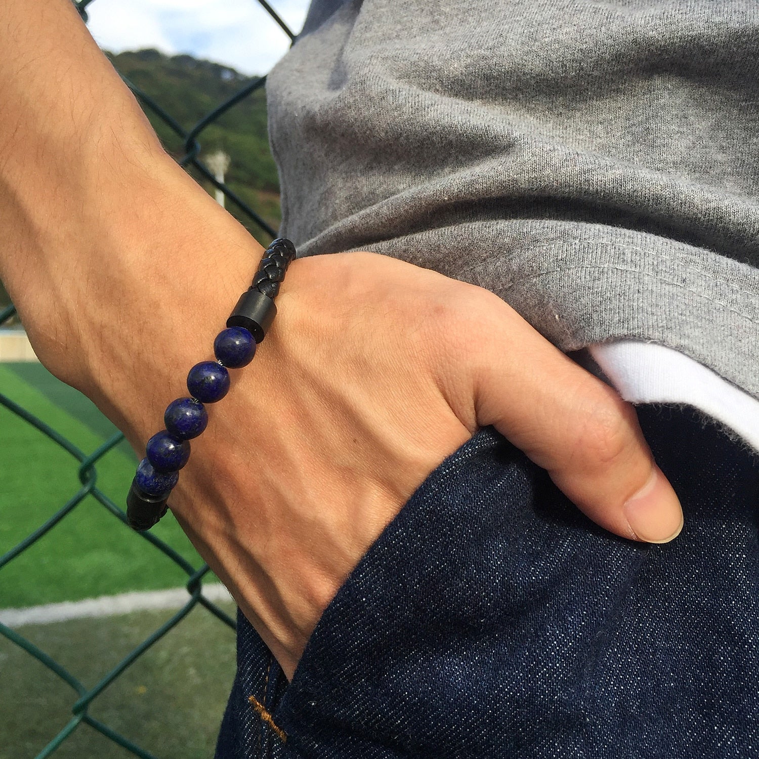 Men's Black Leather Volcanic Beaded Braclets