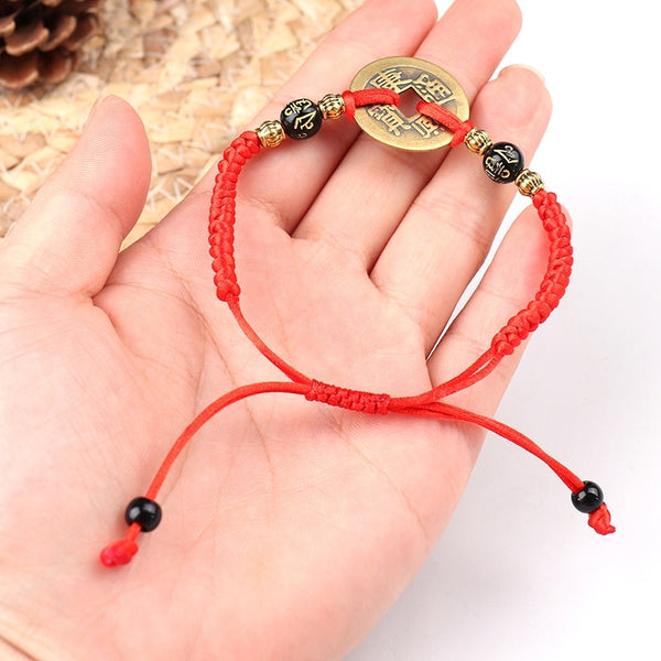 Pulseras de hilo rojo con moneda antigua Ching para atraer la riqueza y la suerte