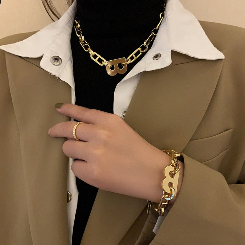 Fashion Gold Color Metal Letter B Earrings Bracelets