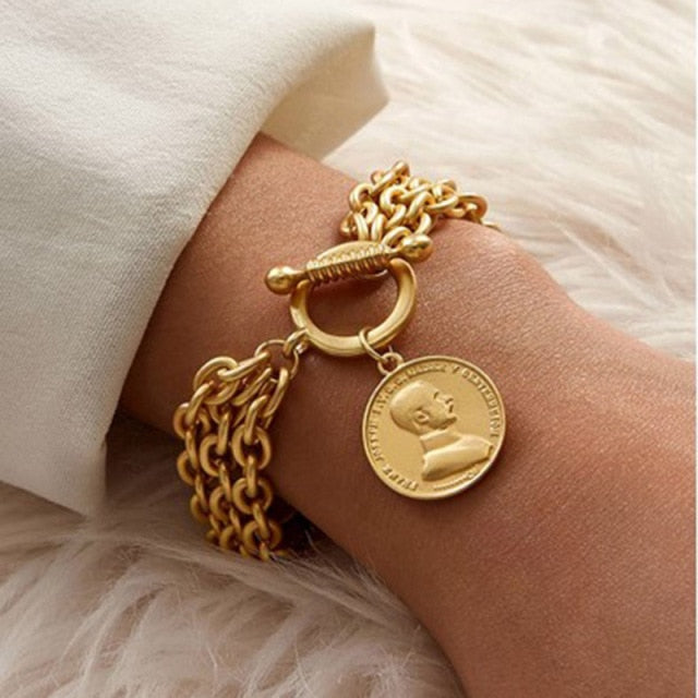 Boho Thick Gold Color Charm Bracelets Bangles