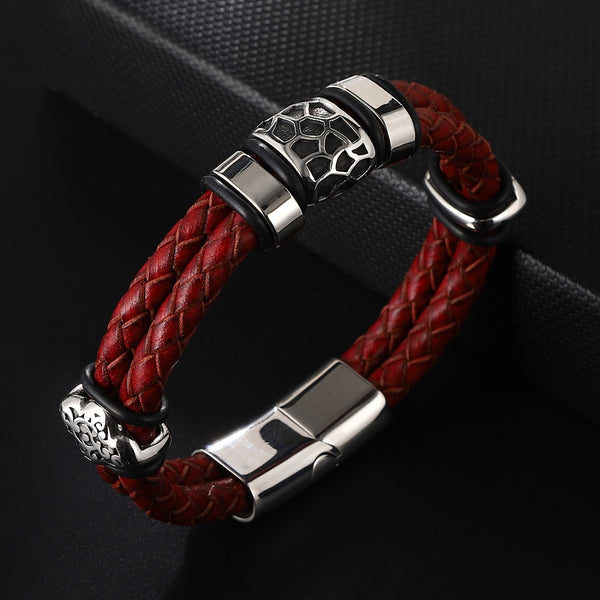 Pulsera de cuero de doble capa con accesorios de acero inoxidable