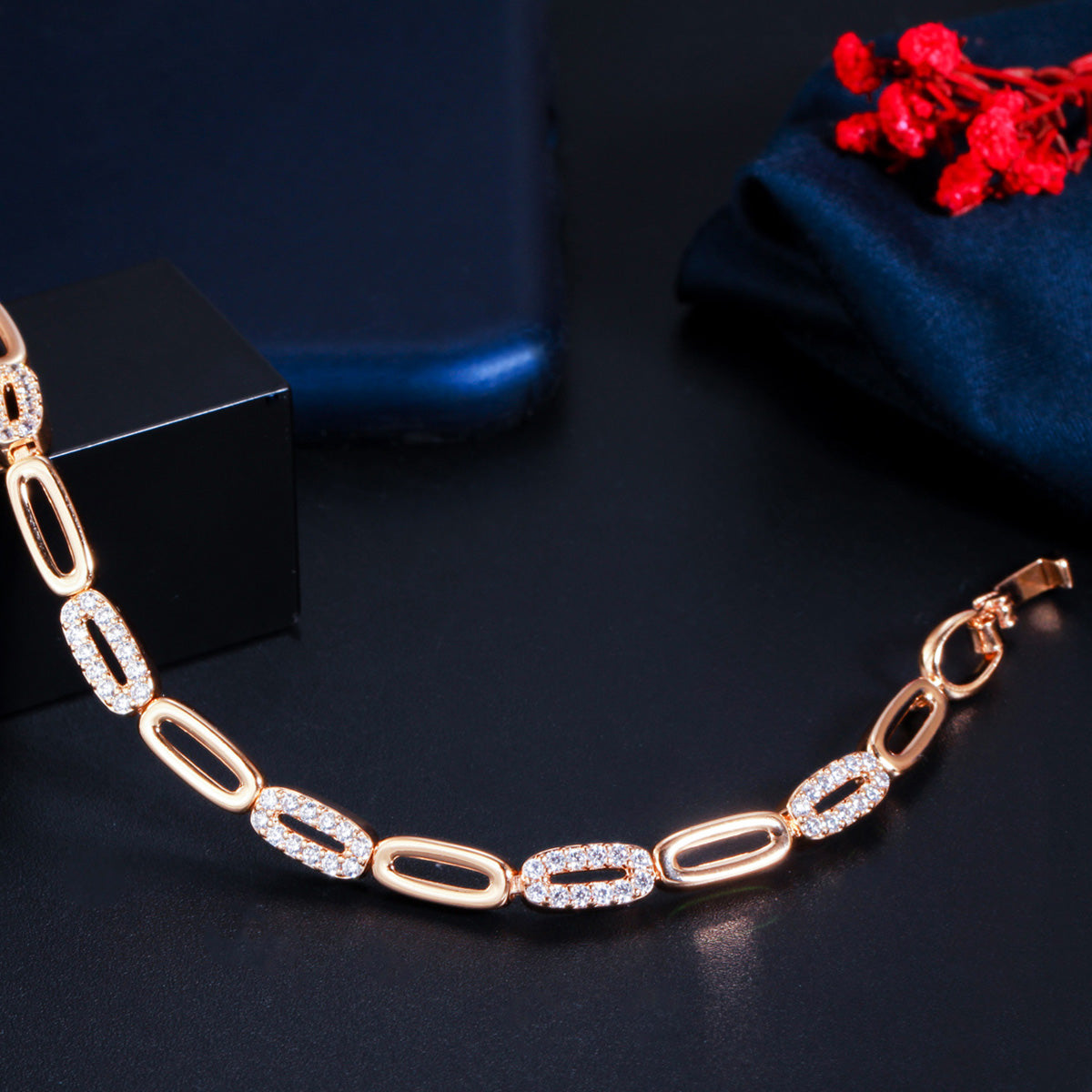 585 Rose Gold Cubic Zirconia Round Shape Connected Tennis Bracelets