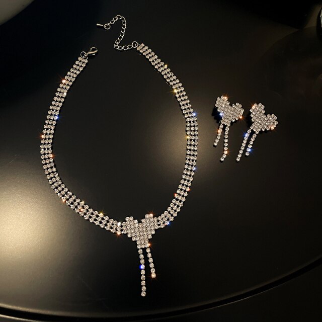 Love Heart Rhinestone Necklace Earrings For Women