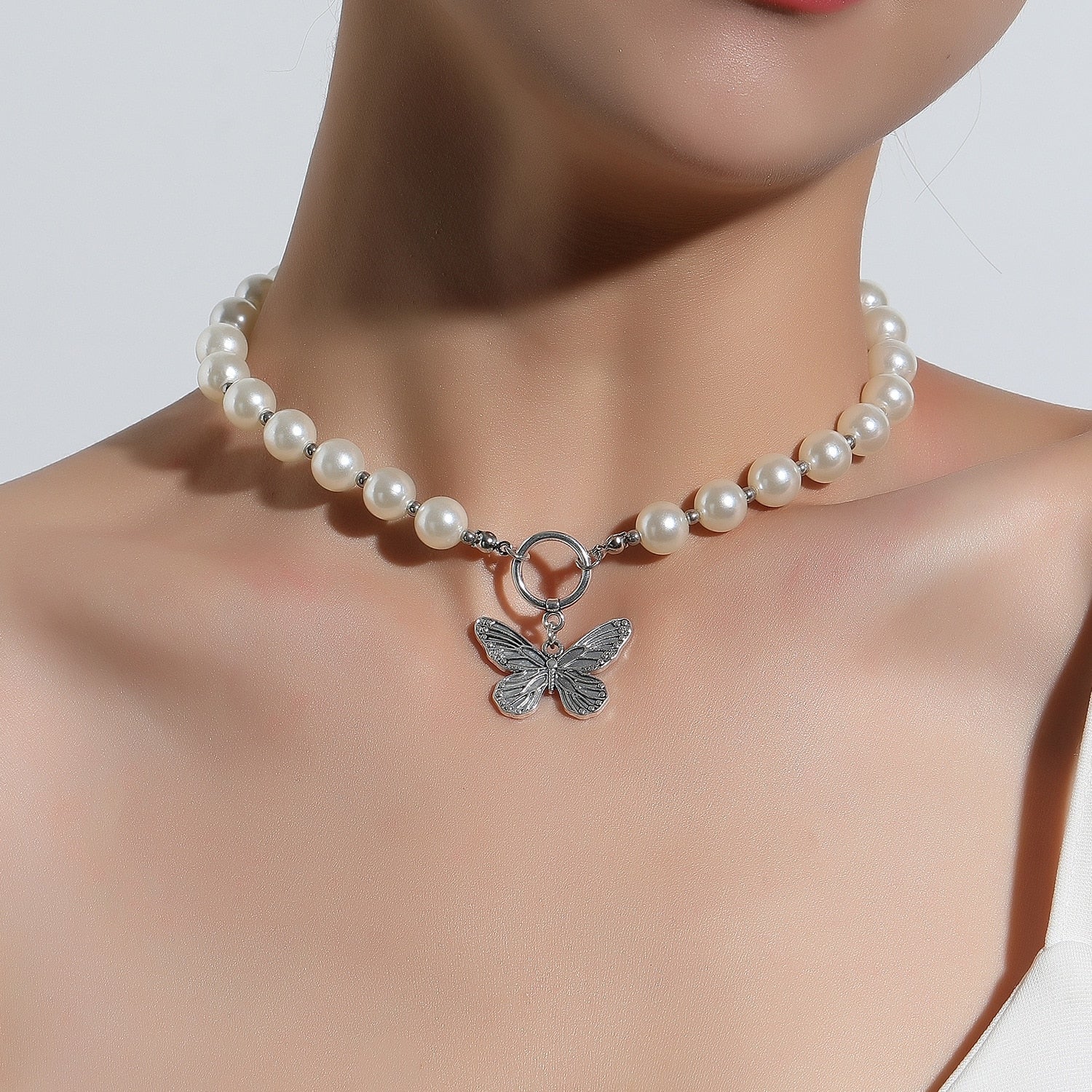 Antique Pearl Chain Necklace With Butterfly Pendant
