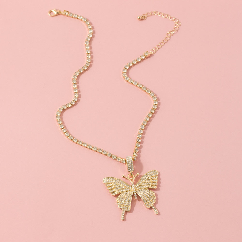 Bling Rhinestone Butterfly Pendant Choker Necklace
