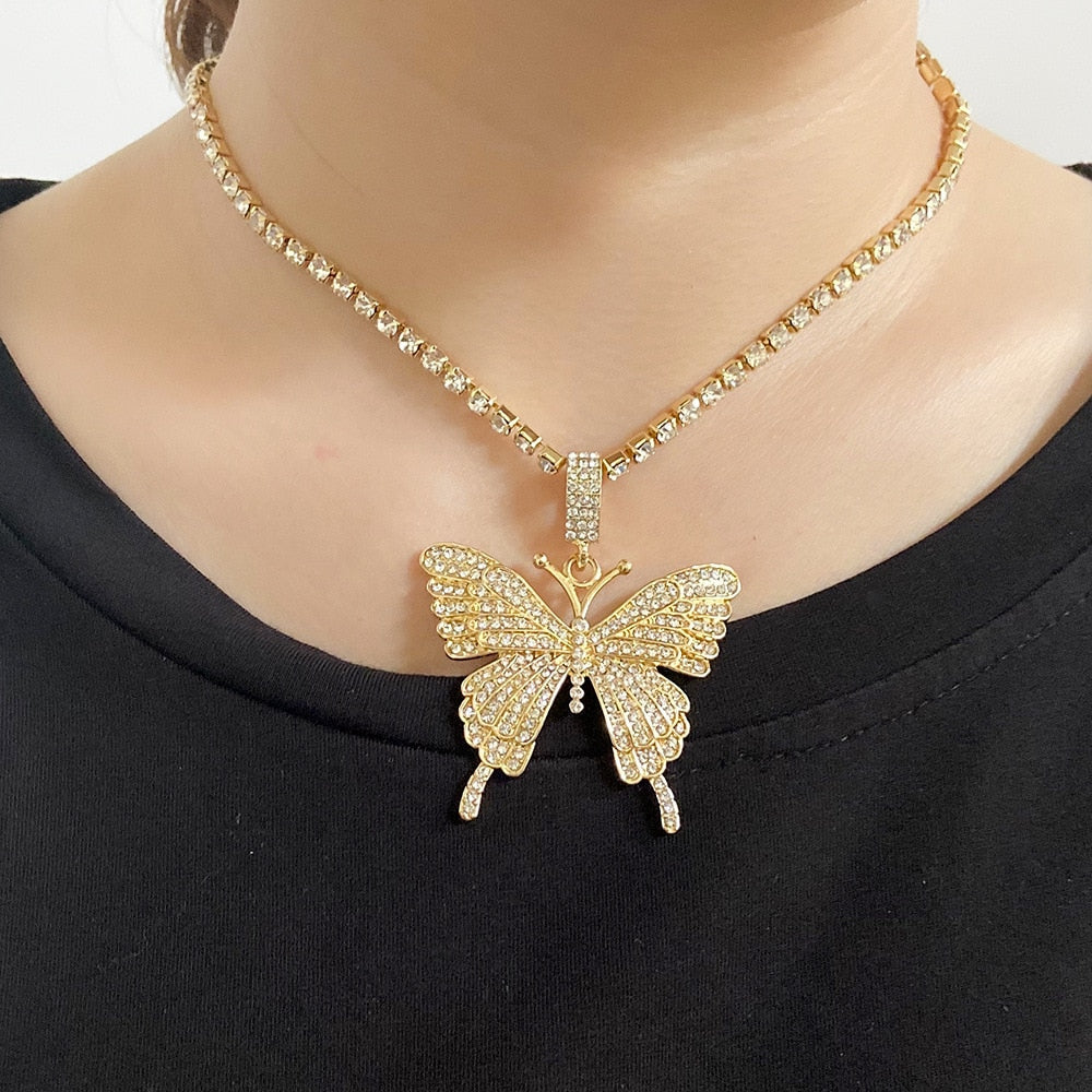 Bling Rhinestone Butterfly Pendant Choker Necklace