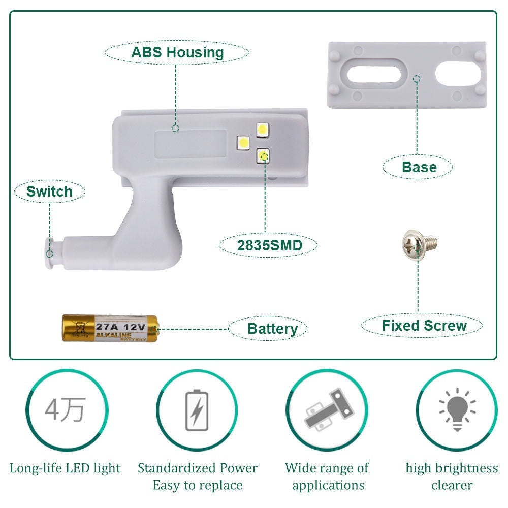 10pcs LED Inner Hinge Lamp Under Cabinet Lights Universal Wardrobe Cupboard Sensor Lights