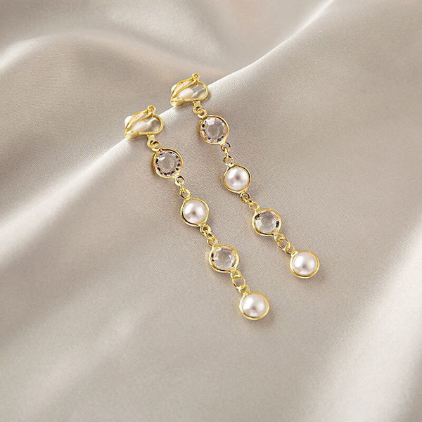 Pendientes de clip con perlas y brillantes de imitación de lujo para mujer