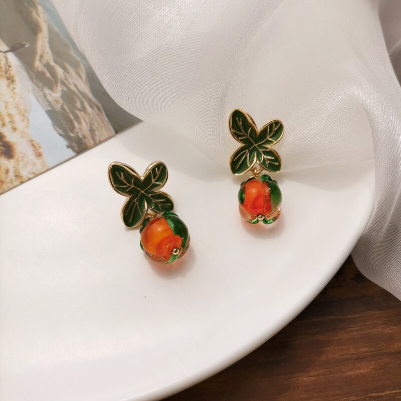 Korean Style Persimmon Lucky Pastoral Glass Cherry Clip Earrings