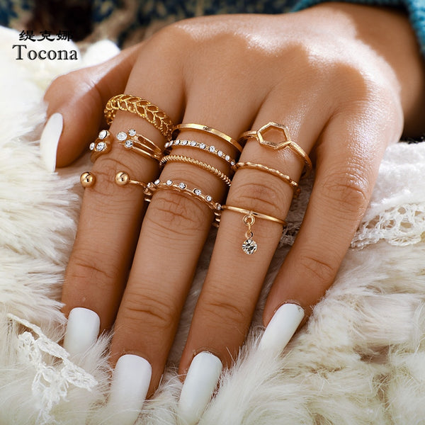 8pcs/sets Hollow Out Charms Clear Crystal Stone Gold Chain Rings