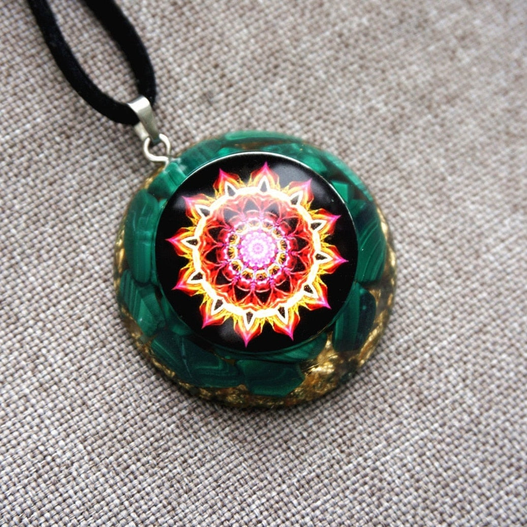 Malachite Flower Of Life EMF Protection Orgonite Necklace