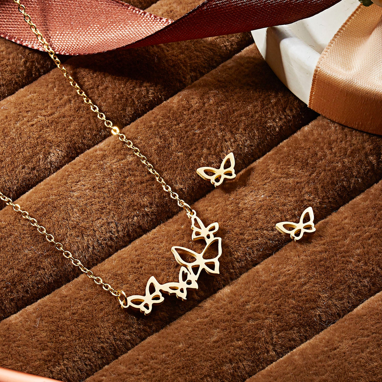 Exquisite Butterfly Flower Shape Pendant Neckalce Stainless Steel Jewelry Set