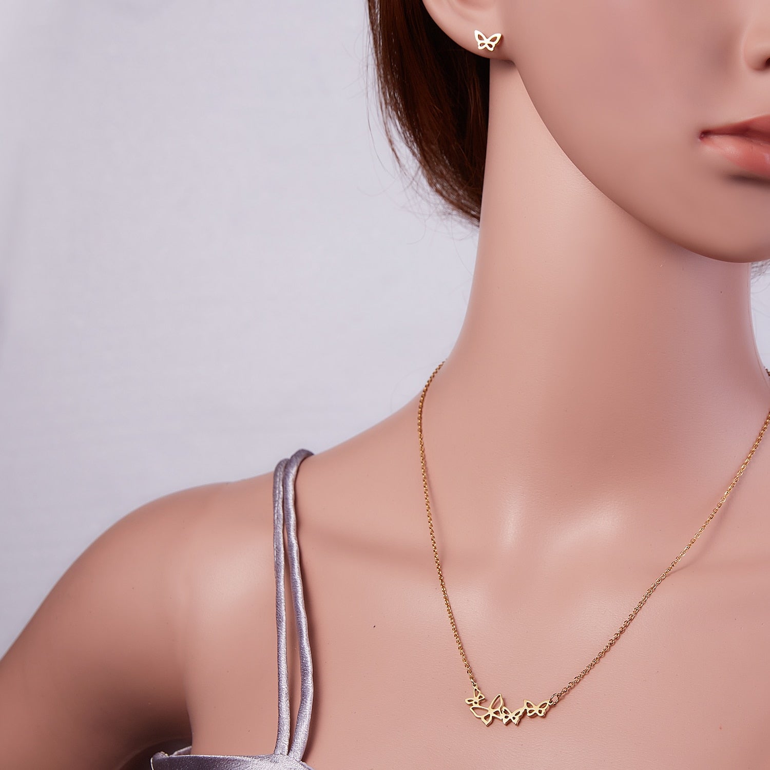 Exquisite Butterfly Flower Shape Pendant Neckalce Stainless Steel Jewelry Set