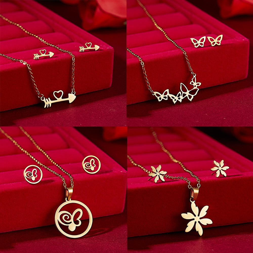 Exquisite Butterfly Flower Shape Pendant Neckalce Stainless Steel Jewelry Set